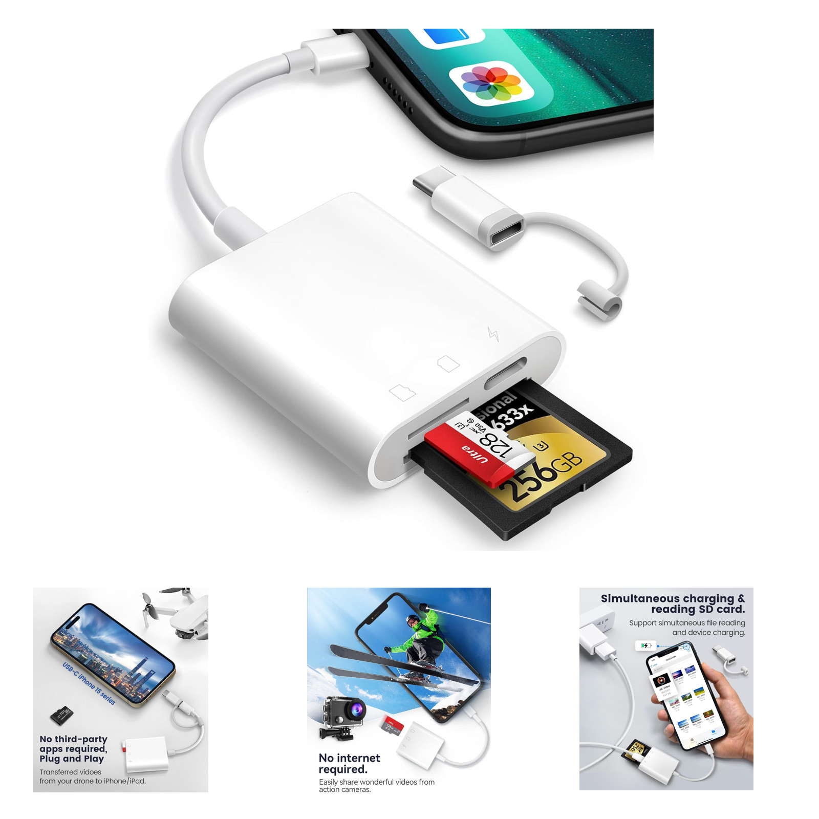 SD Card Reader for iPhone iPad, Dual Slot MicroSD SDXC MicroSDHC Lightning USB-C