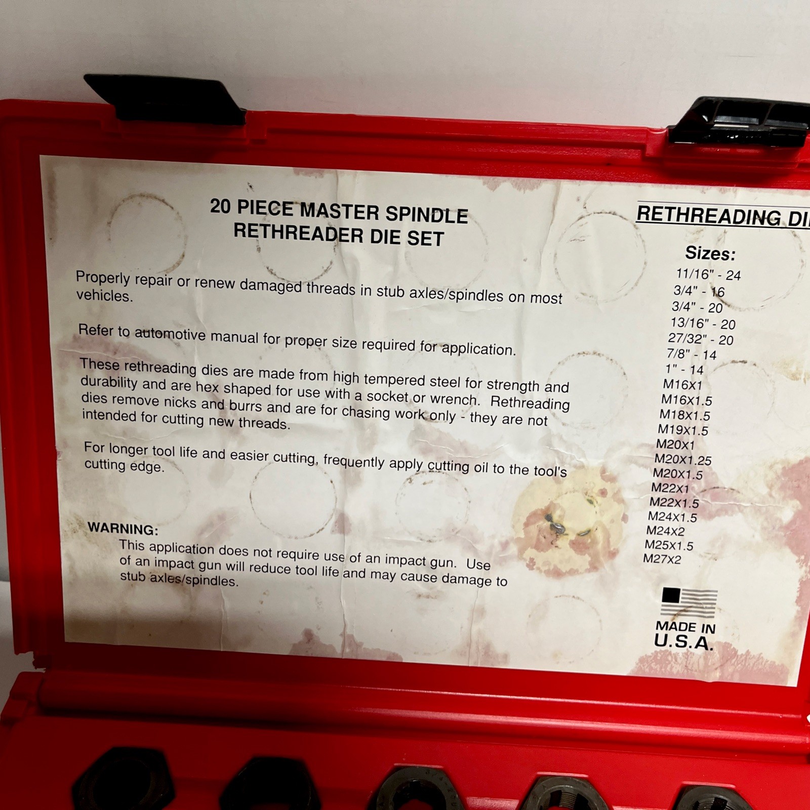 Matco Tools #SR20K "Master Spindle Rethreader Die Set" 20 Pieces