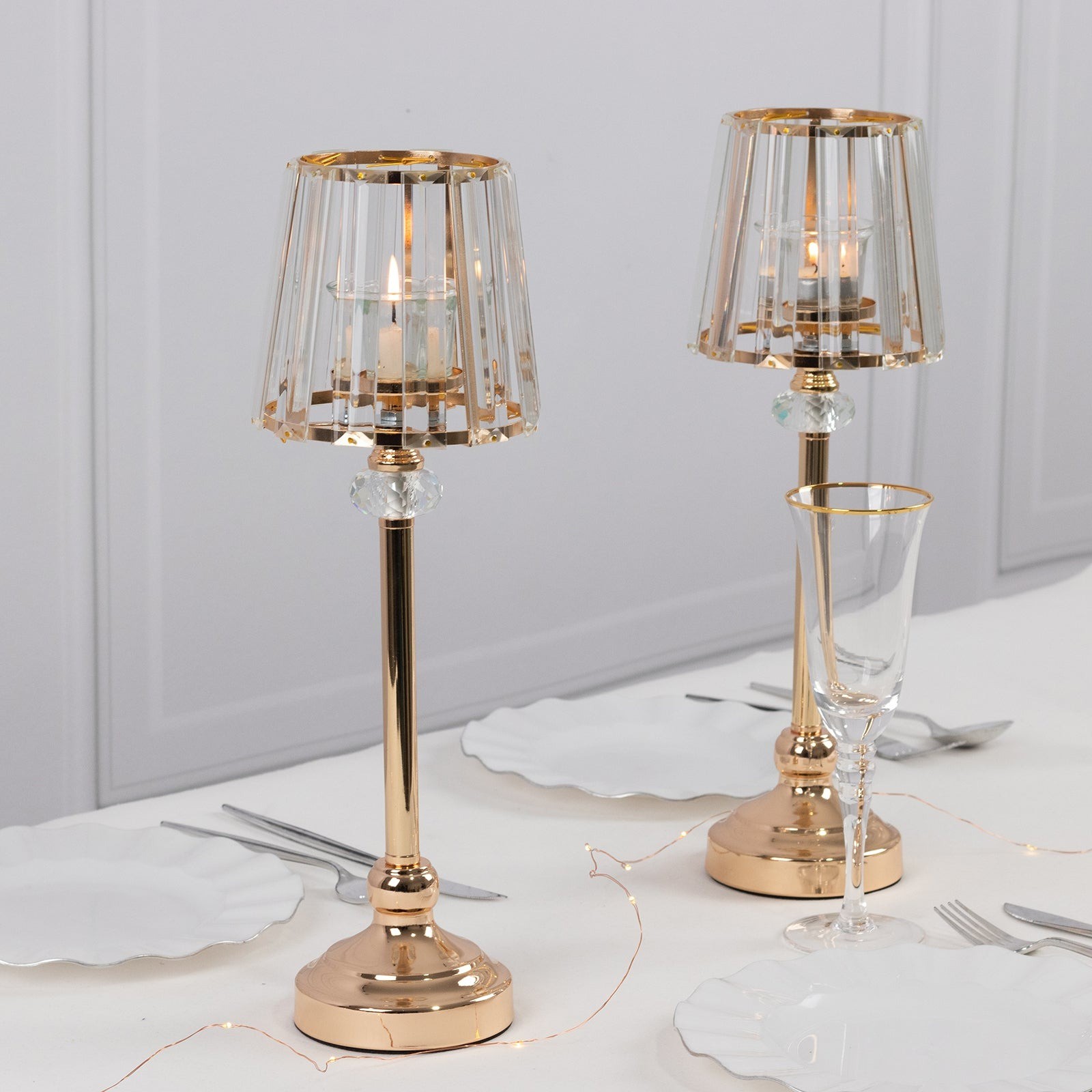 2 GOLD CLEAR 15" Metal Votive CANDLE HOLDERS Crystal Glass Lamp Shade Events