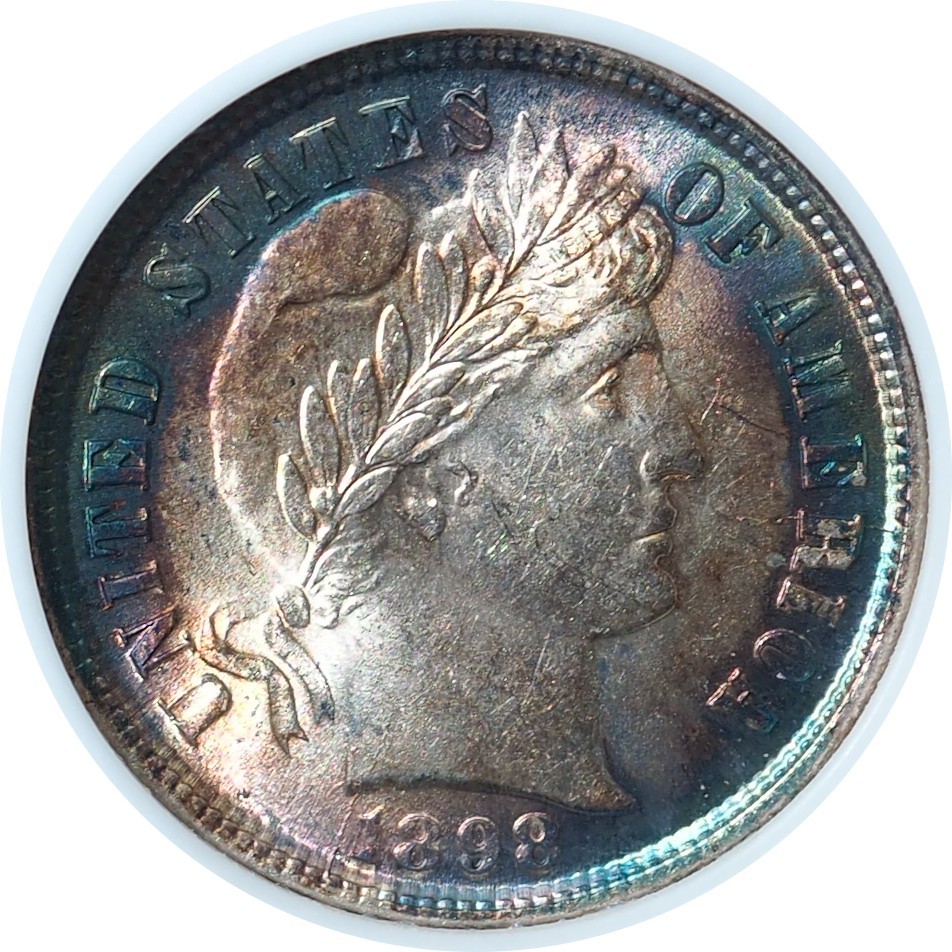 1898 Barber Dime MS61 ANACS Soapbox Stunning Rainbow Toning