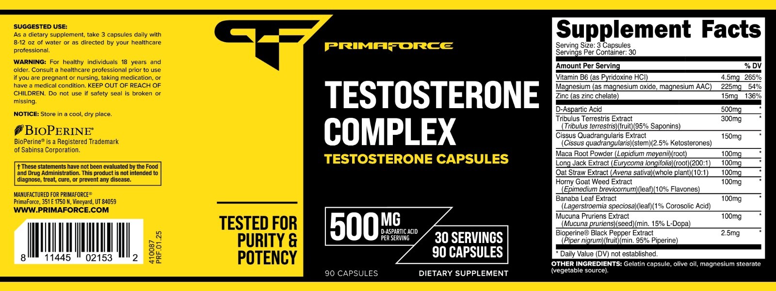 Primaforce T. Complex 90 Capsules, 500mg D-Aspartic Acid Per Serving