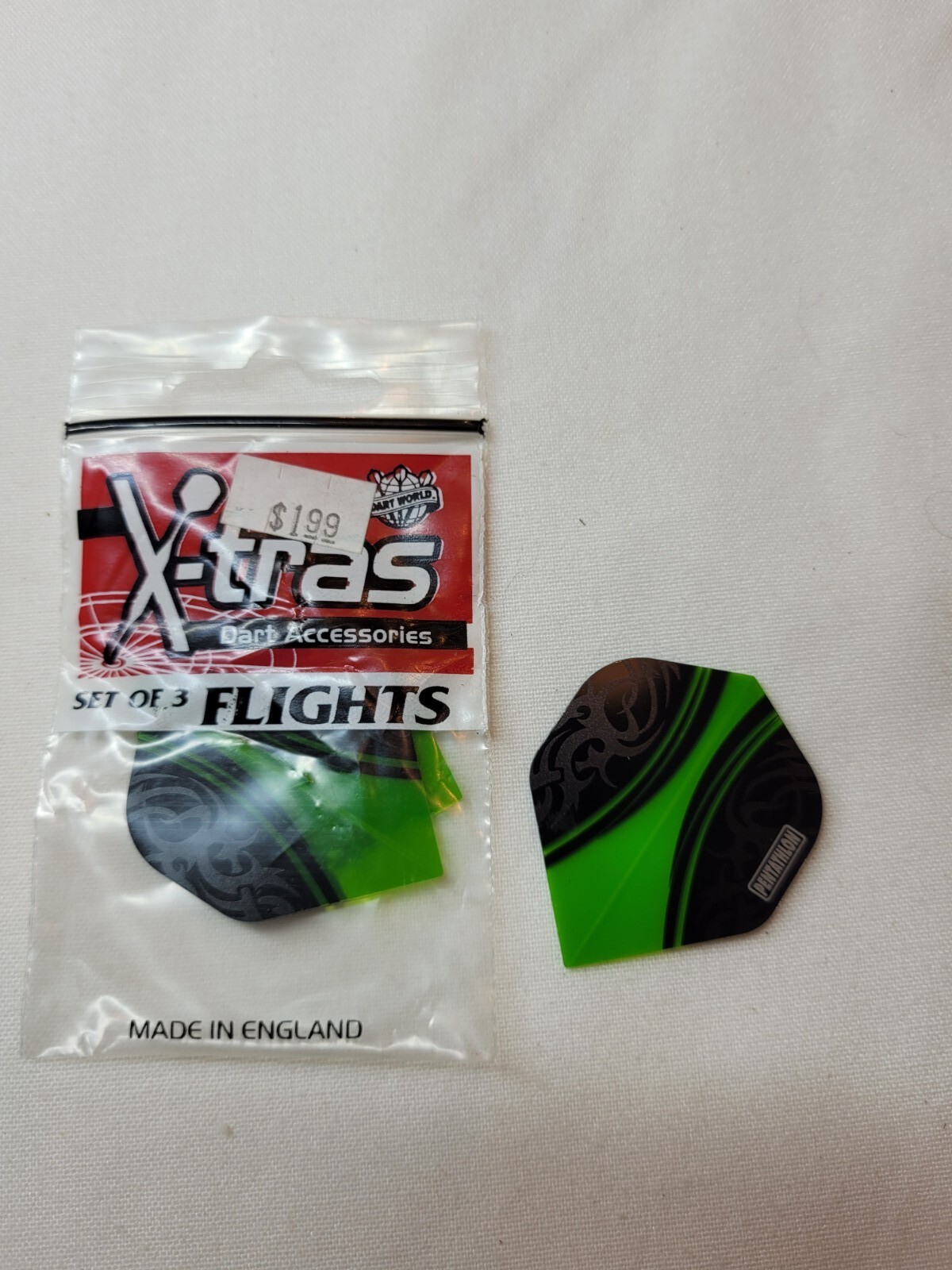 Dart World Pentathlon Green Stripe STANDARD Dart Flights 1 set of 3 NEW STOCK