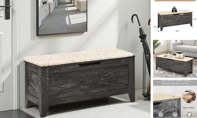 43.3" Storage Bench, Entryway Shoe Ottoman, Farmhouse Style Bench 43.3"W Grey
