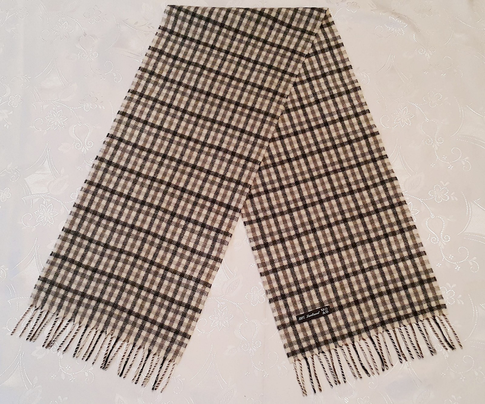 VINTAGE AUTHENTIC PLAIDS & CHECKS BEIGE LAMBSWOOL LONG MENS FRINGE SCARF