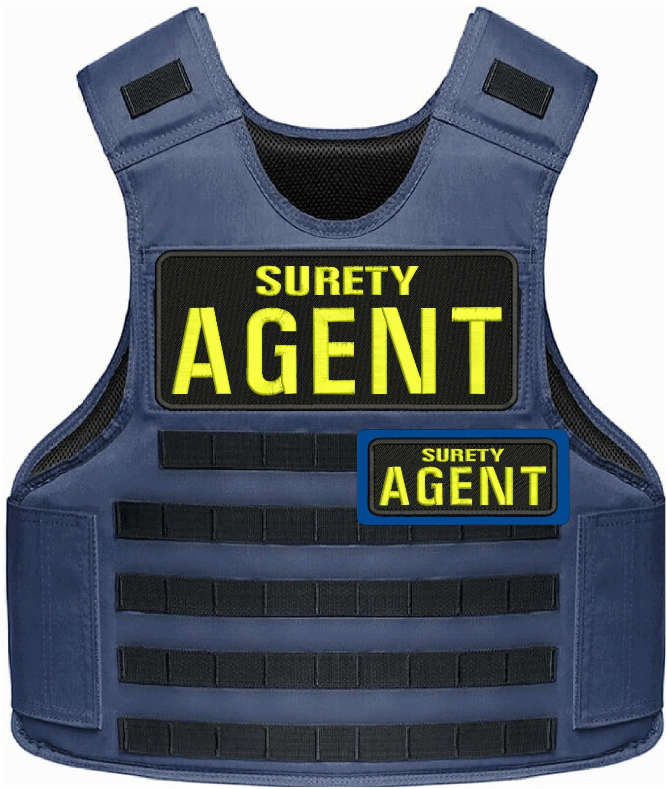 SURETY AGENT EMBROIDERY PATCHES 4X10 AND 2X5 HOOK ON BACK YELLOW ON BLACK