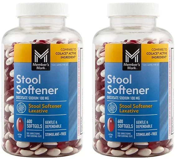 2 pack Member's Mark Stool Softener Softgels, 100 mg Docusate Sodium, 600 ct.