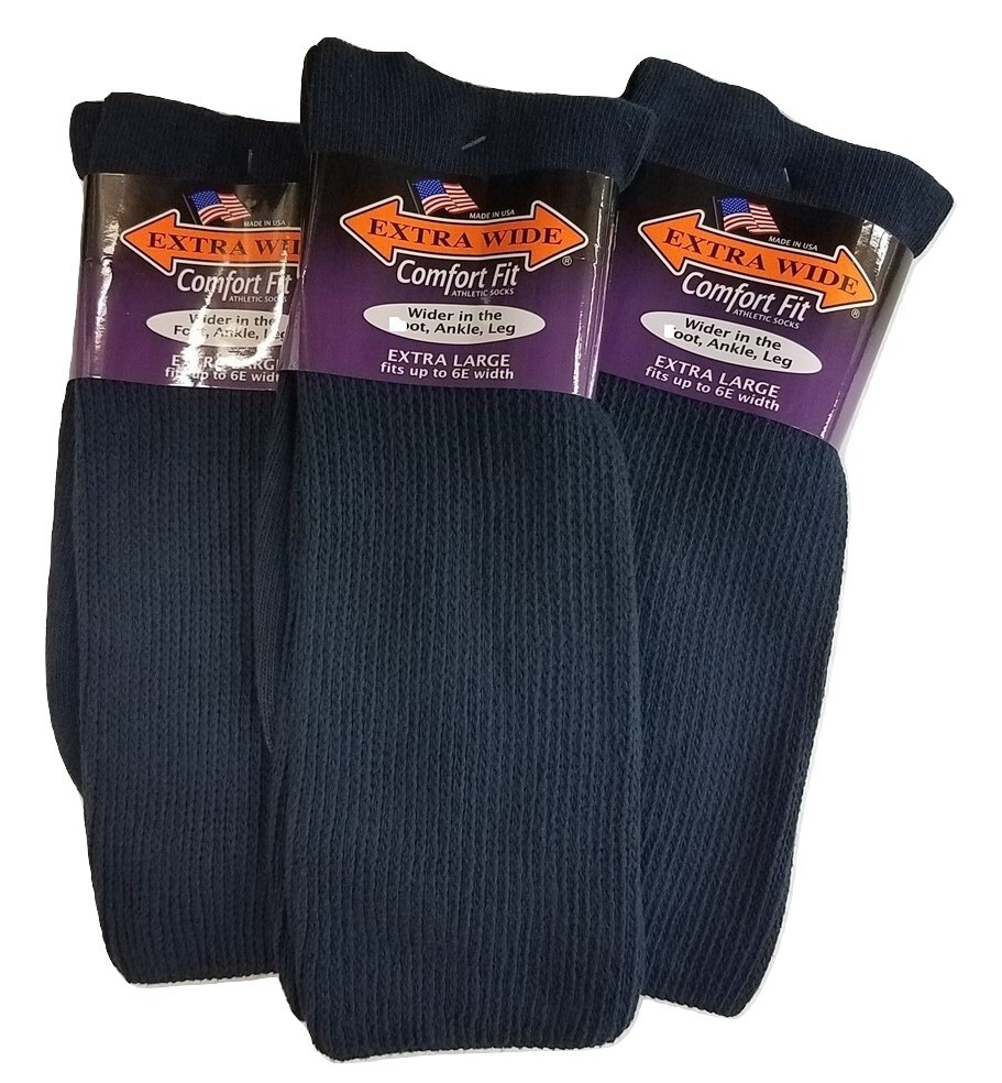 Extra Wide Athletic Socks, Size 16-21 Up to 6E Stretch 3-Pack NAVY Made in USA