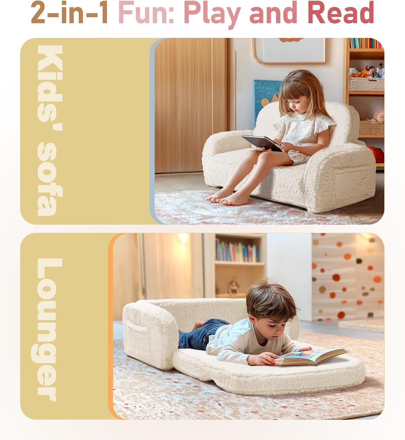 2-in-1 Sherpa Fold Out Kids Couch Extra Wide Comfy Toddler Chair Convertible
