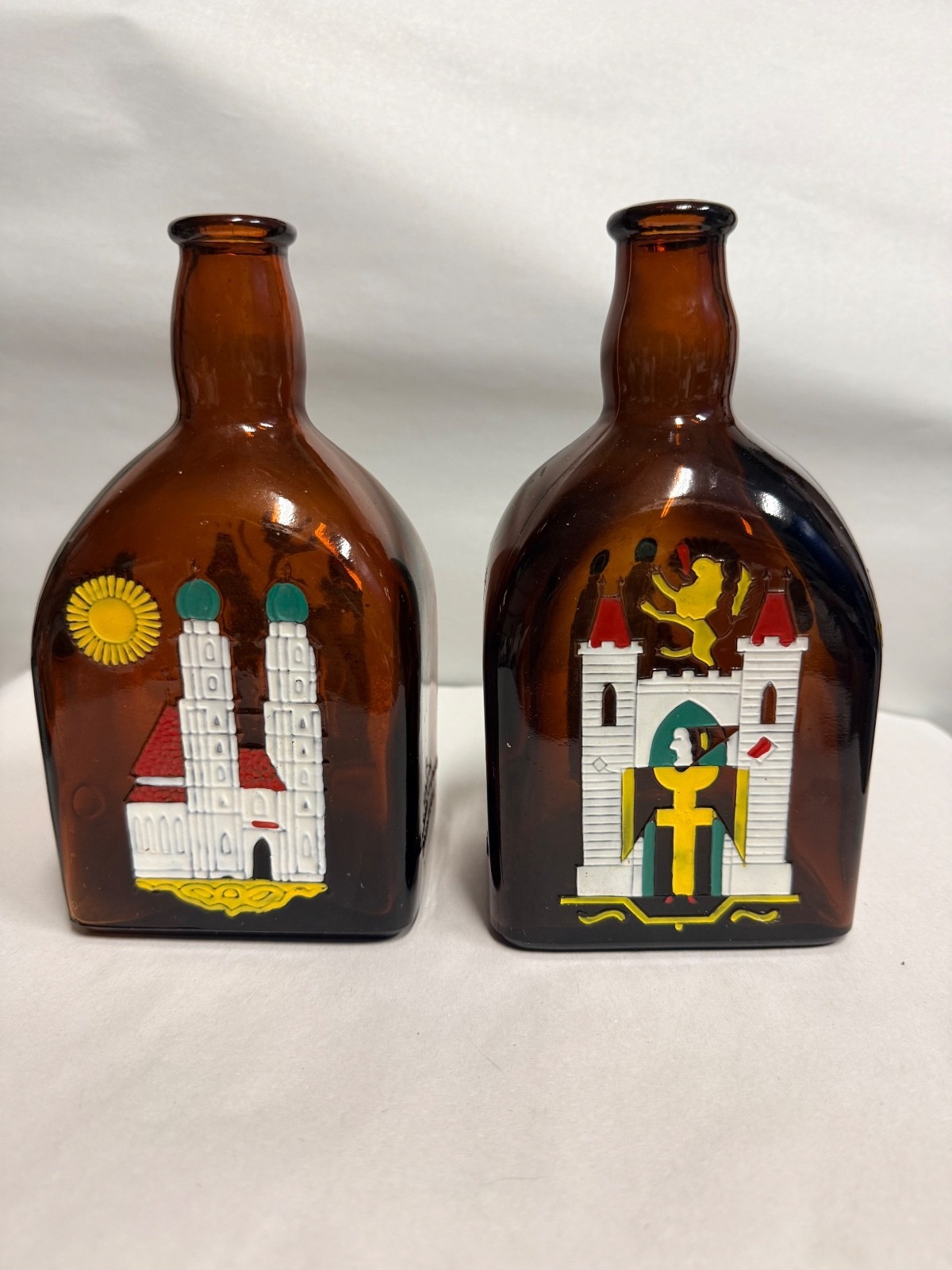 Vintage Pair of Amber Glass Anton Riemerschmid Liquor Bottles German
