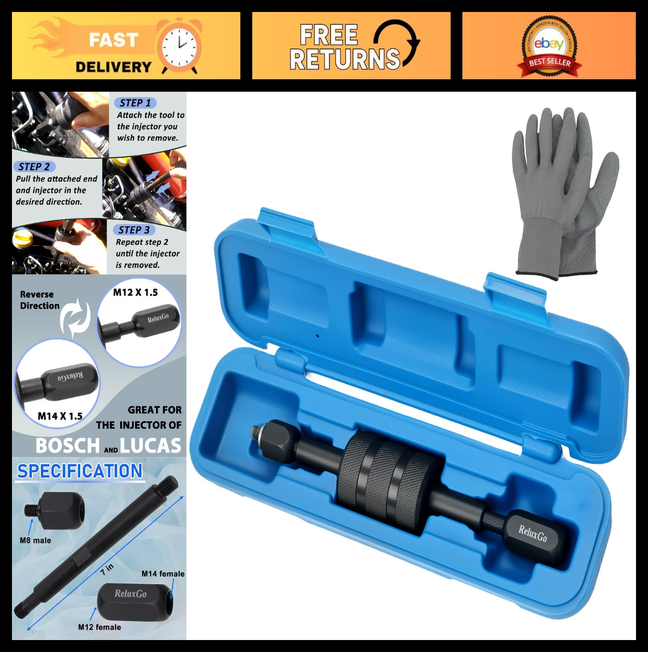 Common Rail Diesel Injector Puller Tool Set, Slide Hammer with M8 M12 M14 Adapte