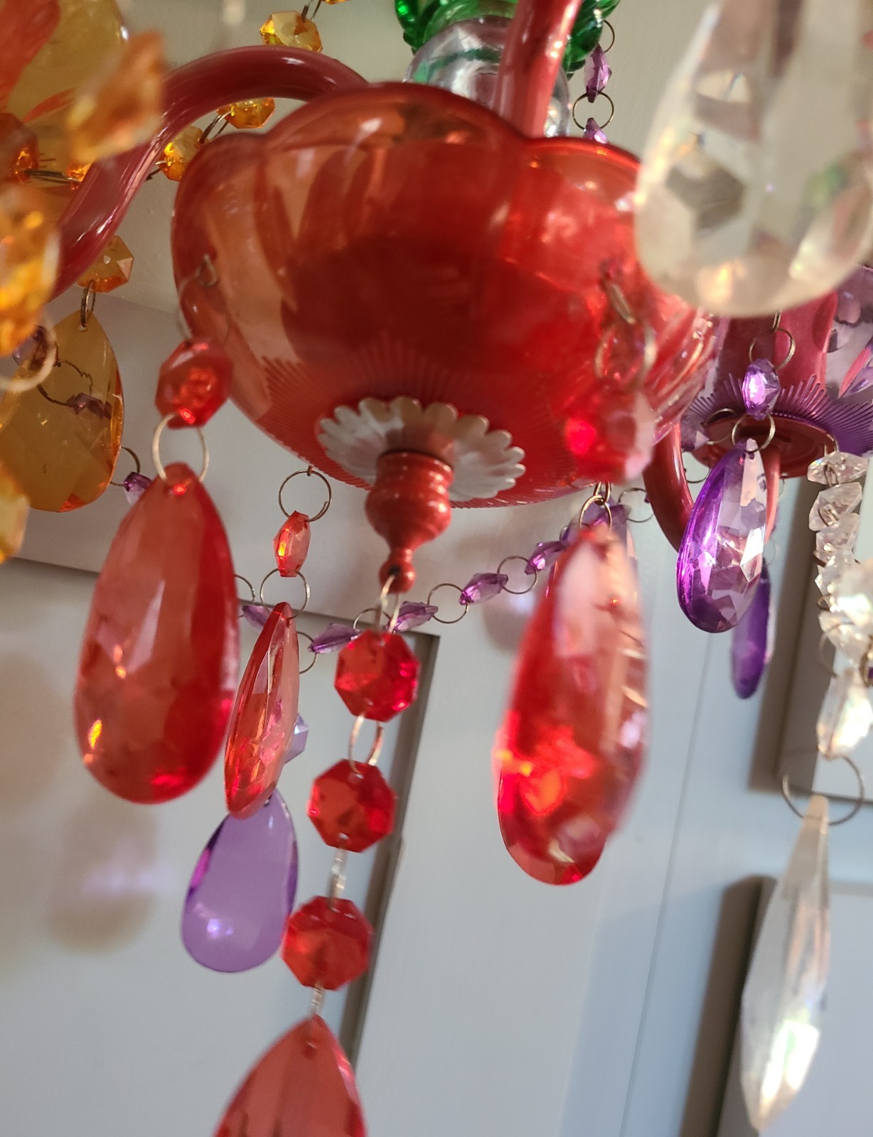 Multicolor 3 Light Chandelier Acrylic Crystal Glass Central Stem Plug In