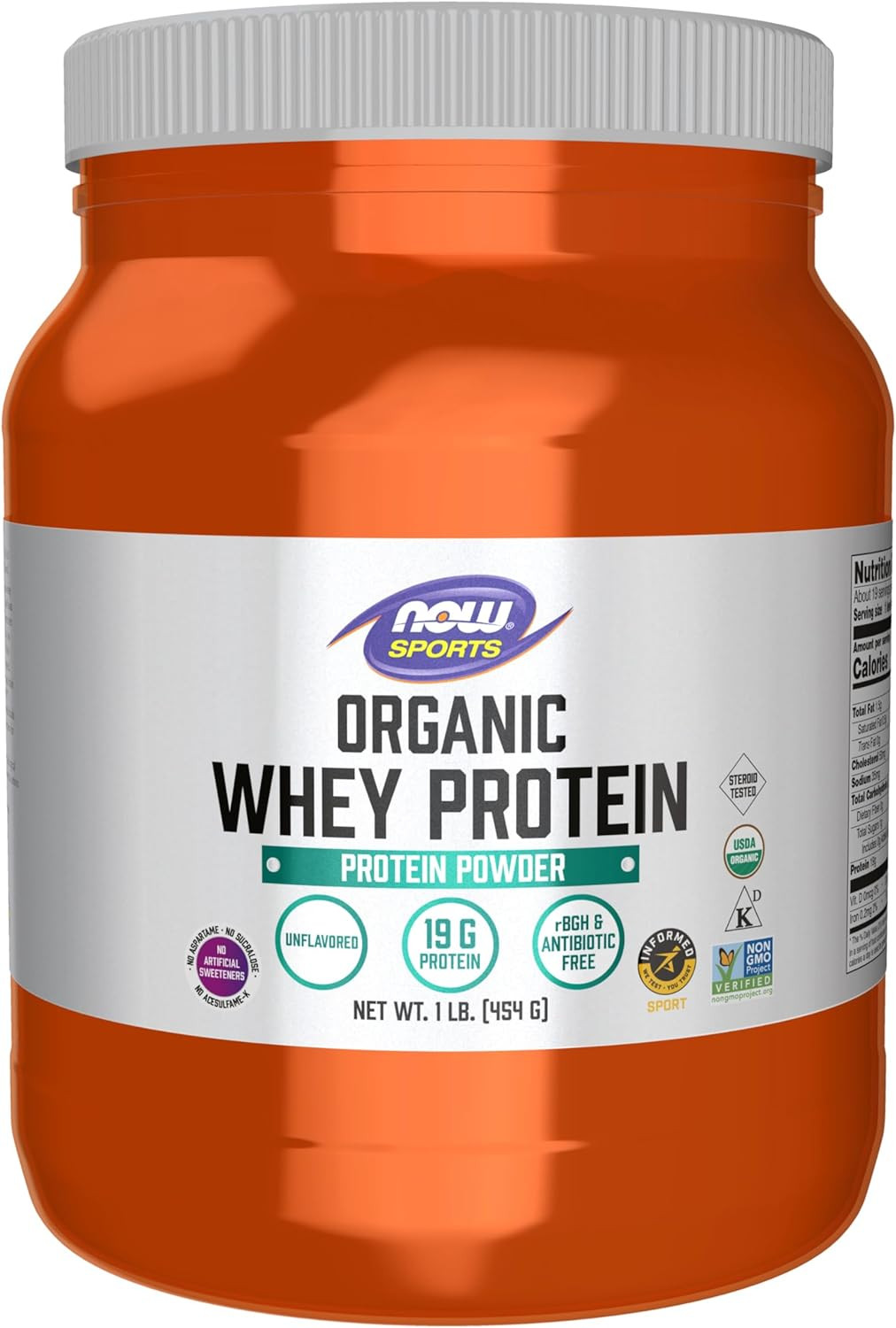 Sports Nutrition, Certified Organic Whey Protein 19 G, Unflavored Powder, 1-Poun