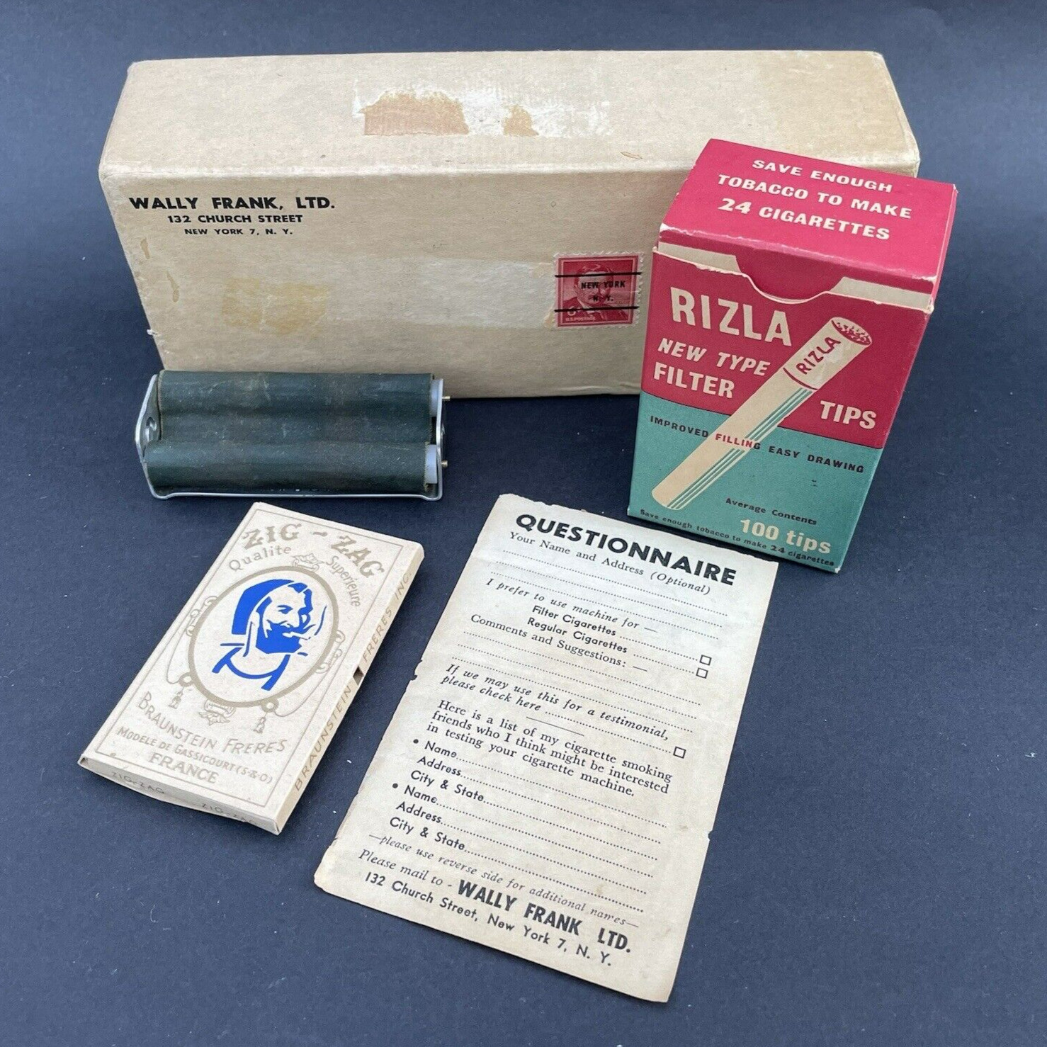 Vtg RIZLA Filter Tips Cigarette Rolling Machine ZIG ZAG Papers WALLY FRANK Box