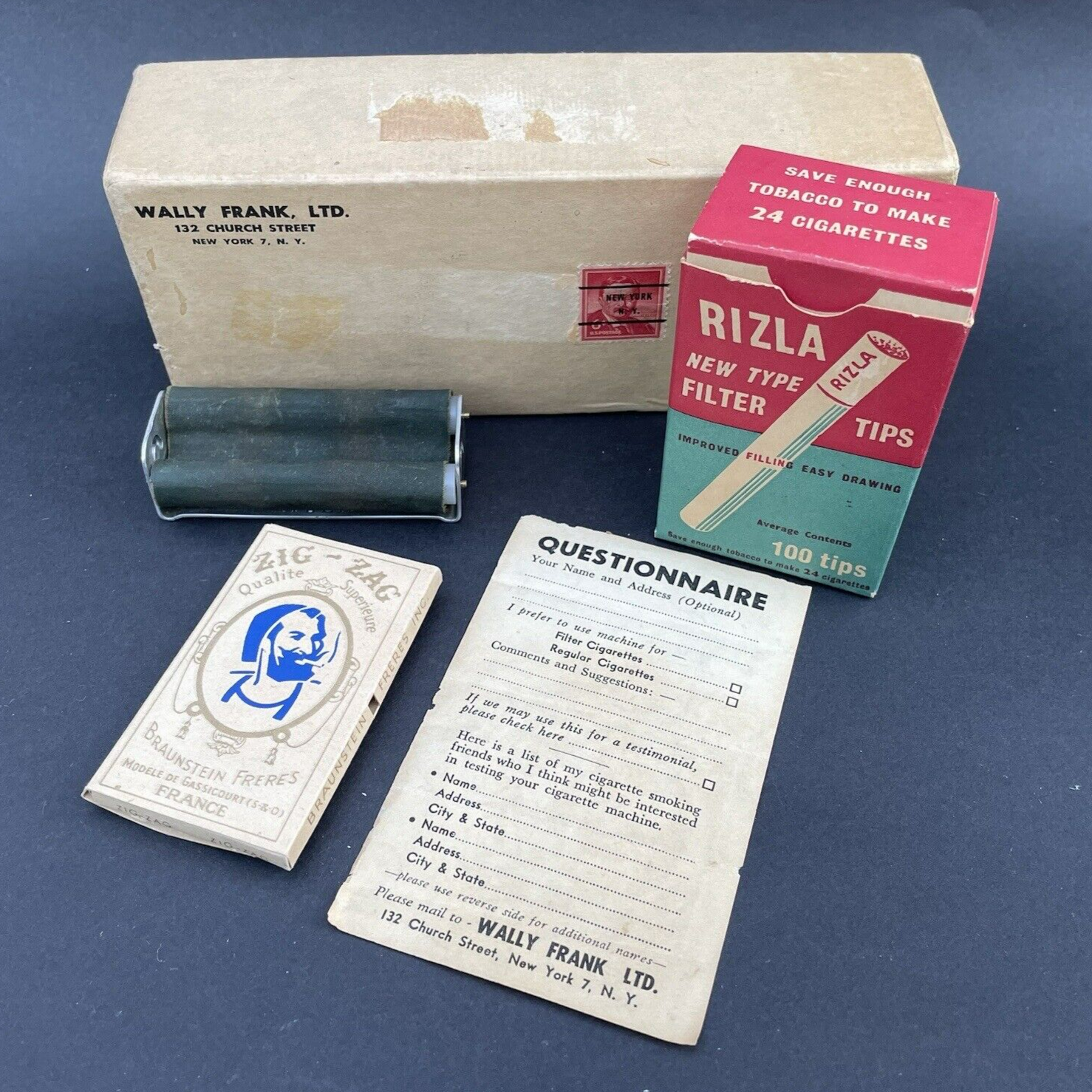 Vtg RIZLA Filter Tips Cigarette Rolling Machine ZIG ZAG Papers WALLY FRANK Box
