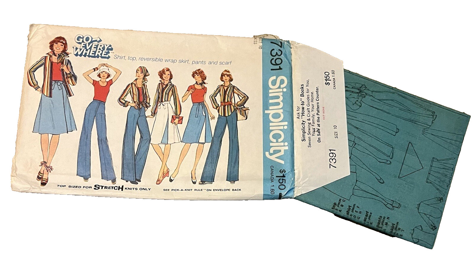 SIMPLICITY PATTERN 7391 Yr  1976 SIZE 10 MISS SKIRT PANTS SCARF UC FF