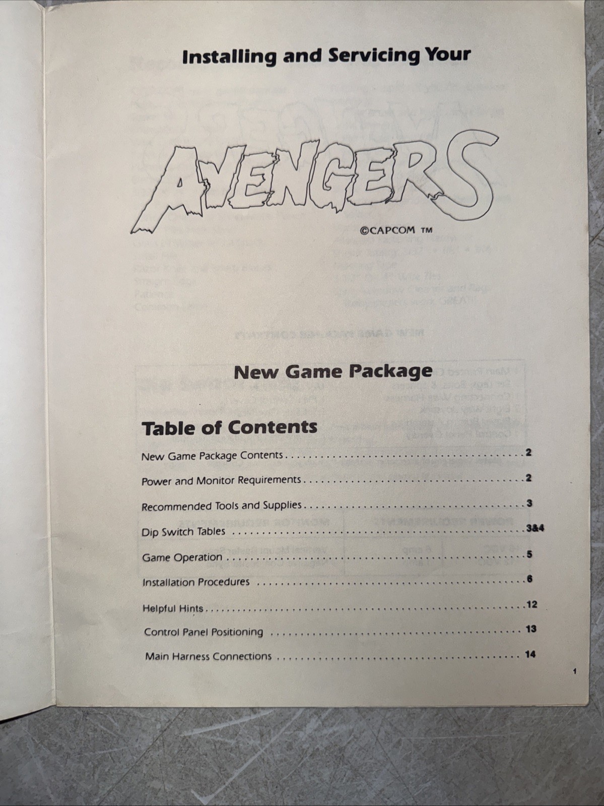 Original Avengers Capcom Arcade Video Game Instruction Manual