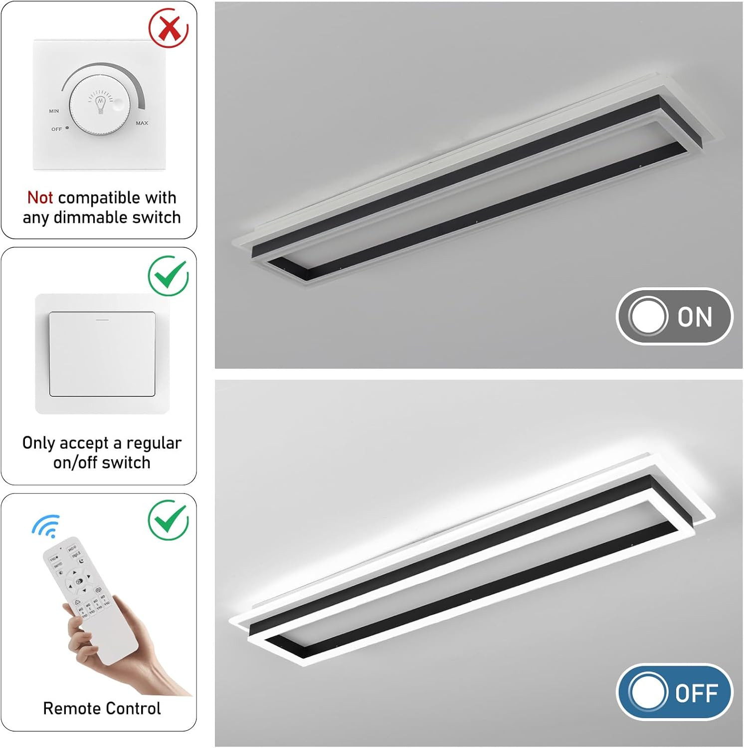 Dimmable LED Ceiling Light with Remote - Modern 31.5" Linear Flush Mount