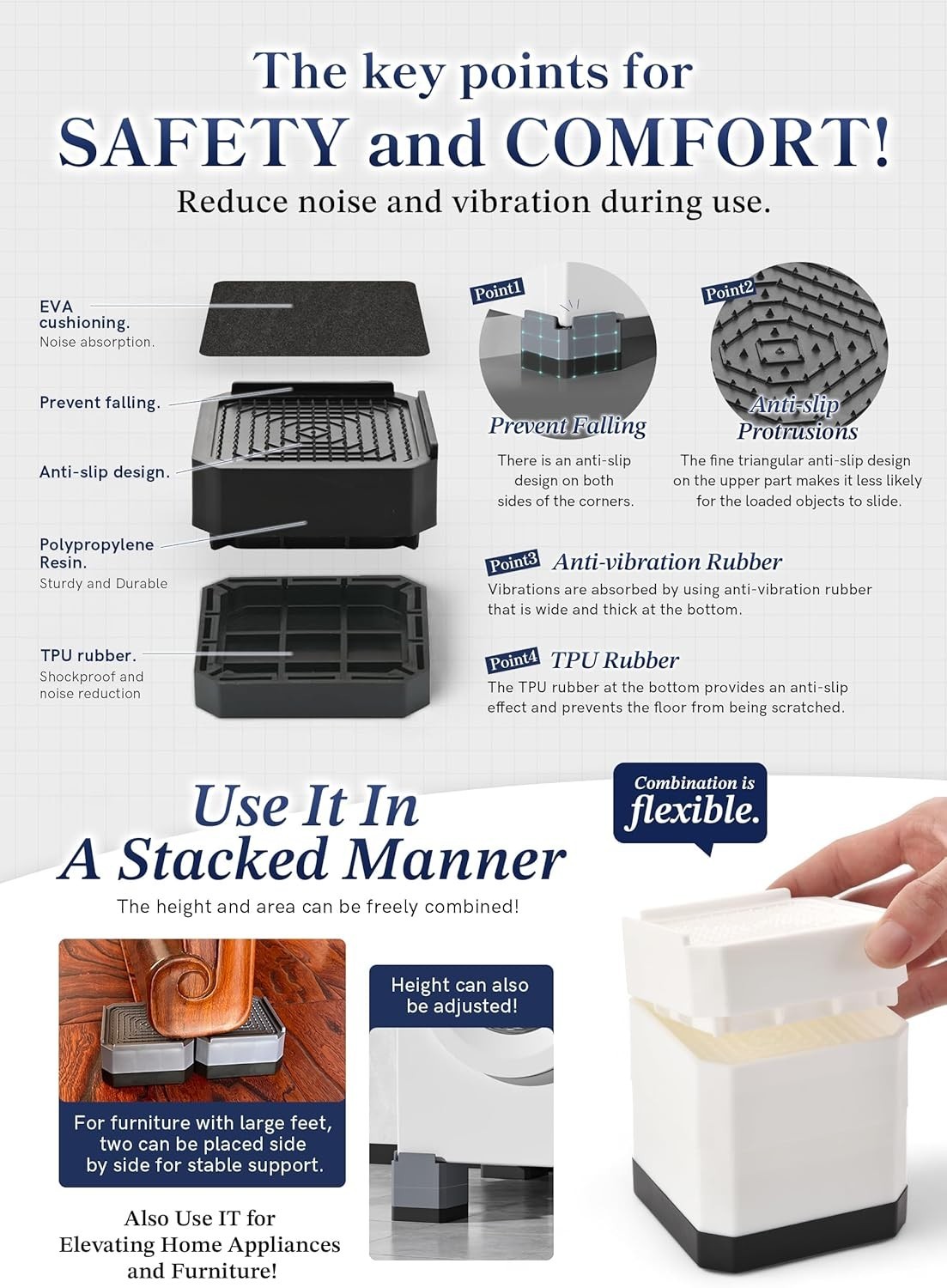 Heavy-Duty Rectangular Bed Risers - Adjustable 3 to 4.3 Inches - Space Enhancer
