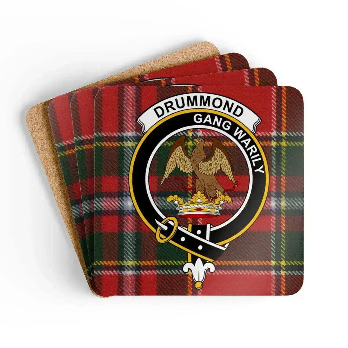 Drummond Clan Crest Tartan Coaster Set – Set of 4 Natural Cork