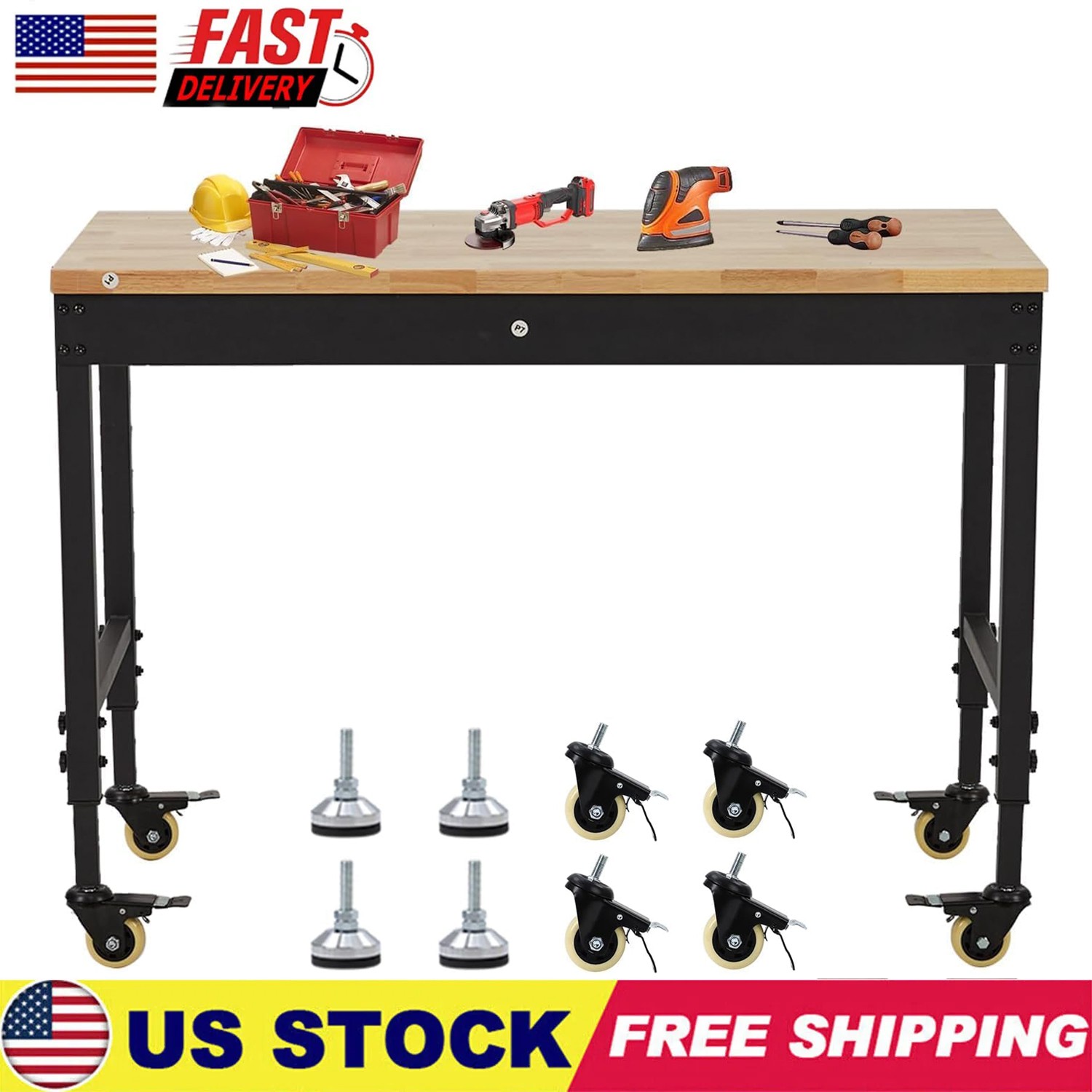 48" x 24" Adjustable Workbench Rubber Wood Top, Adjustable Height Worktable Wood
