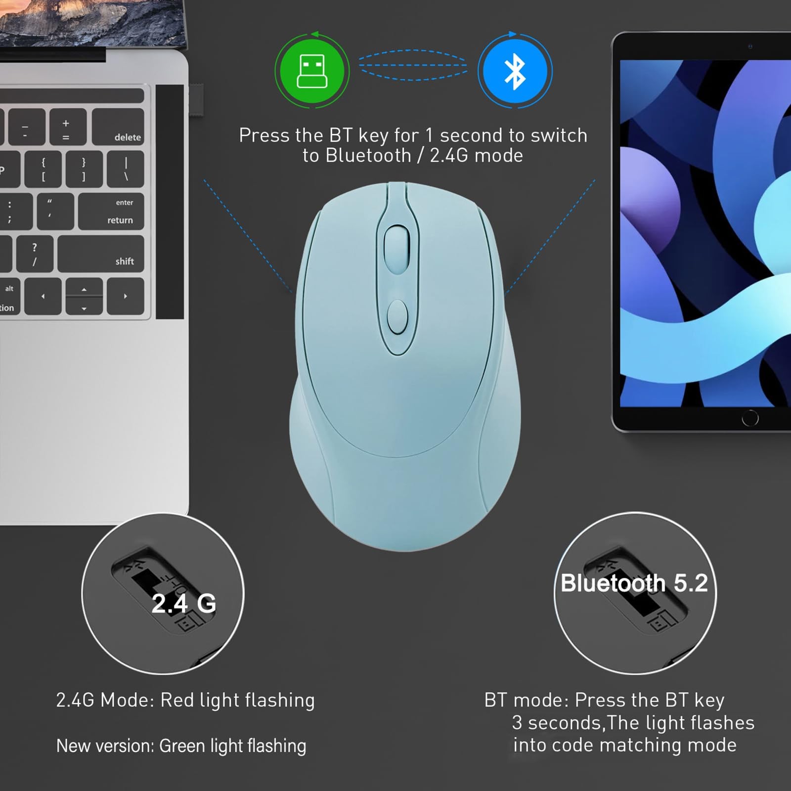 Quntee Wireless Bluetooth Mouse USBC for MacBook Air Laptop, USB C Blue
