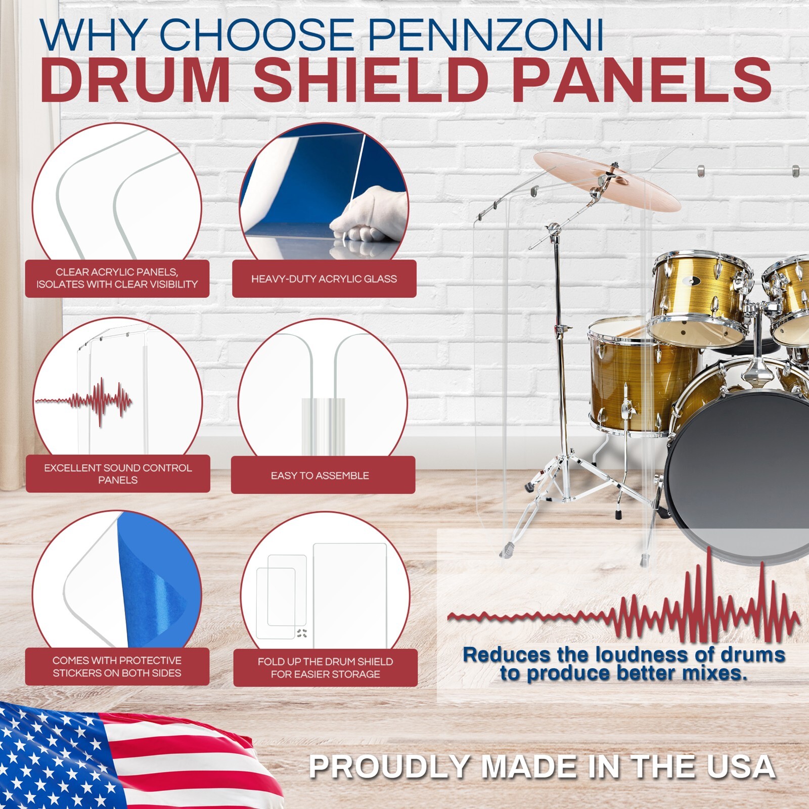 Drum Shield, 2ft. x 4 ft. Drum Panels 4 Panels with Deflectors and Living Hinges