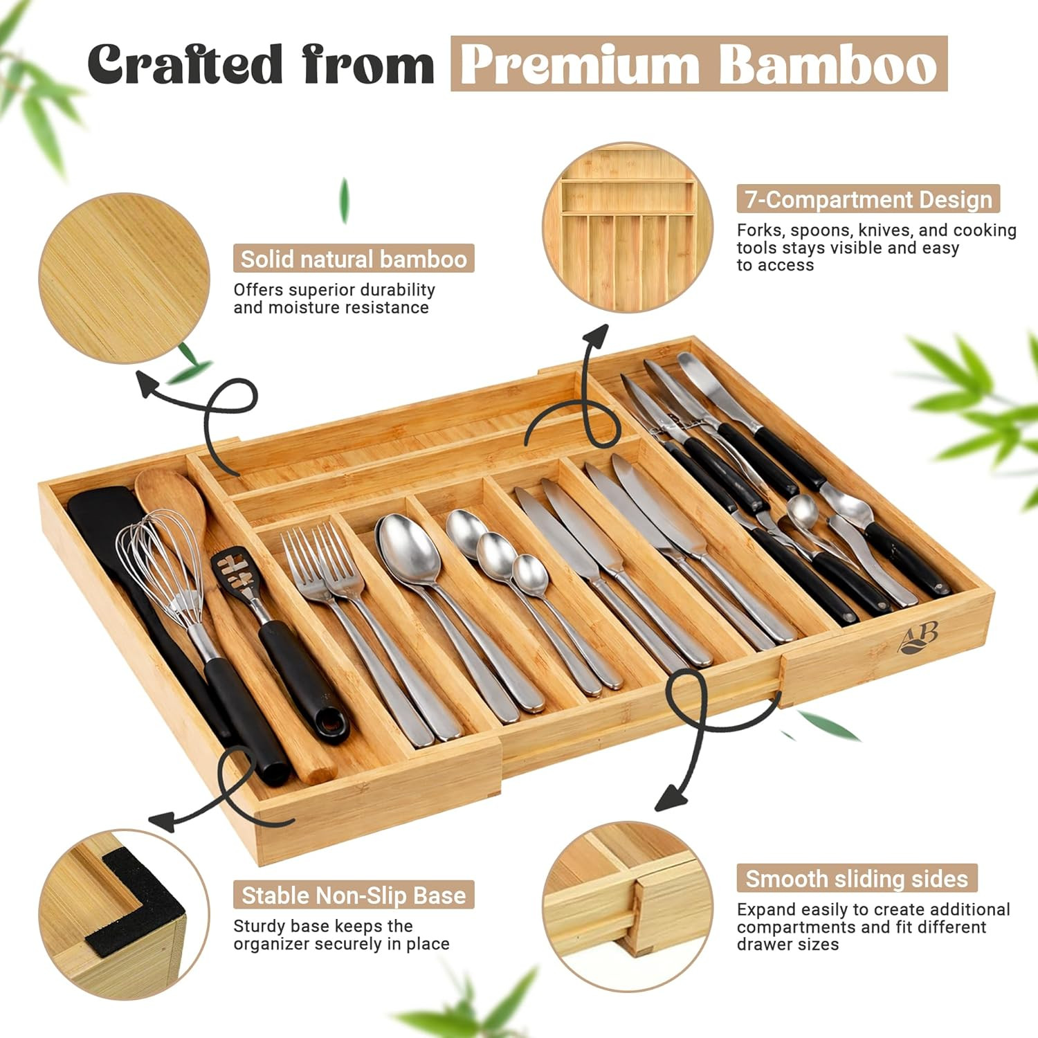 Expandable Bamboo Drawer Organizer for Kitchen Utensils - Adjustable Silverware