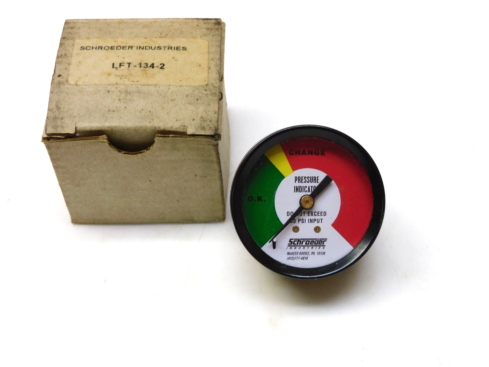 SCHROEDER PRESSURE INDICATOR 60PSI LFT-134-2 1/8" NPT BACKMOUNT