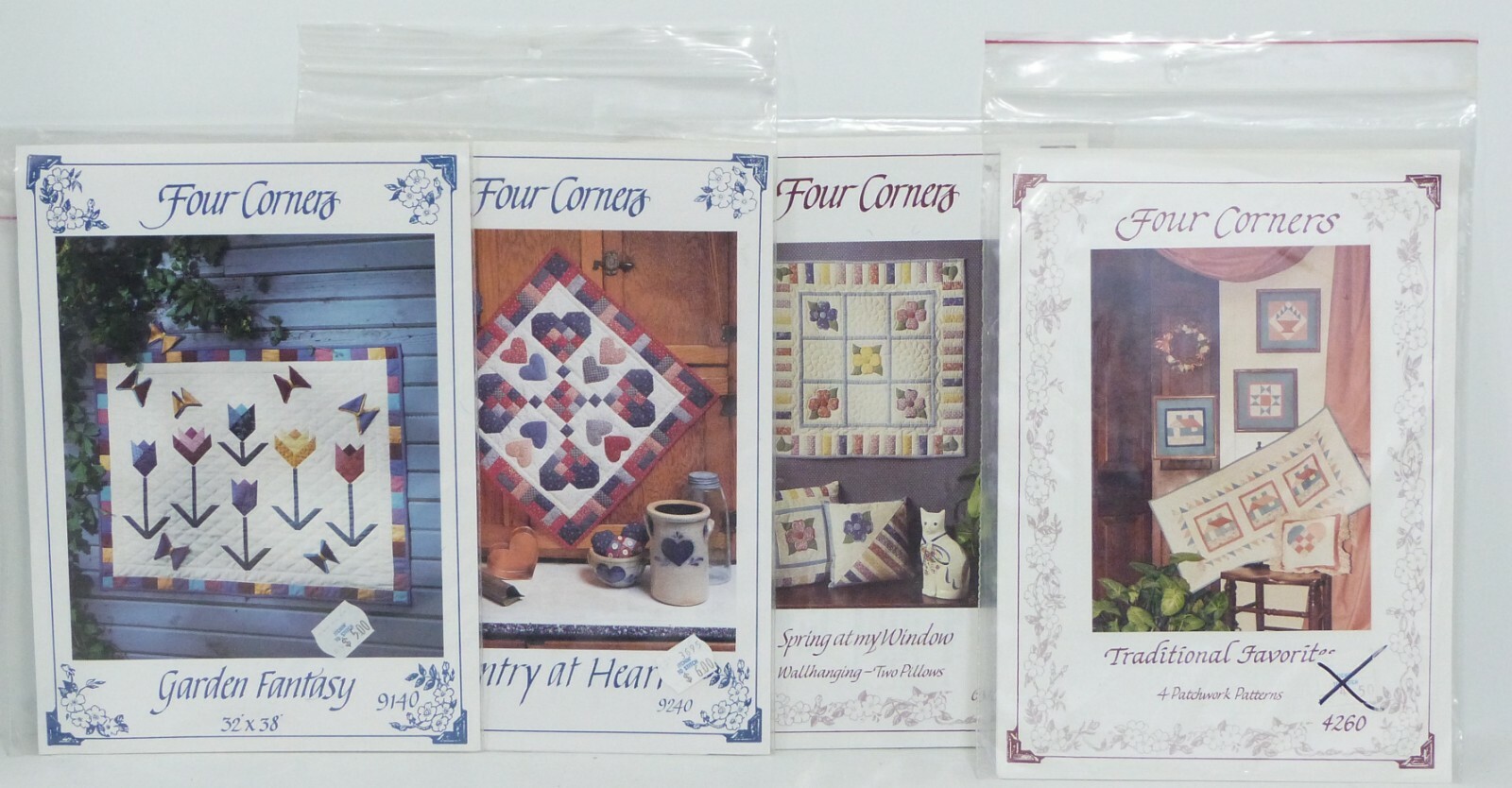NEW NIP Set of 4 Four Corners Wall Hanging Quilt Pattern Hearts Flower Butterfly
