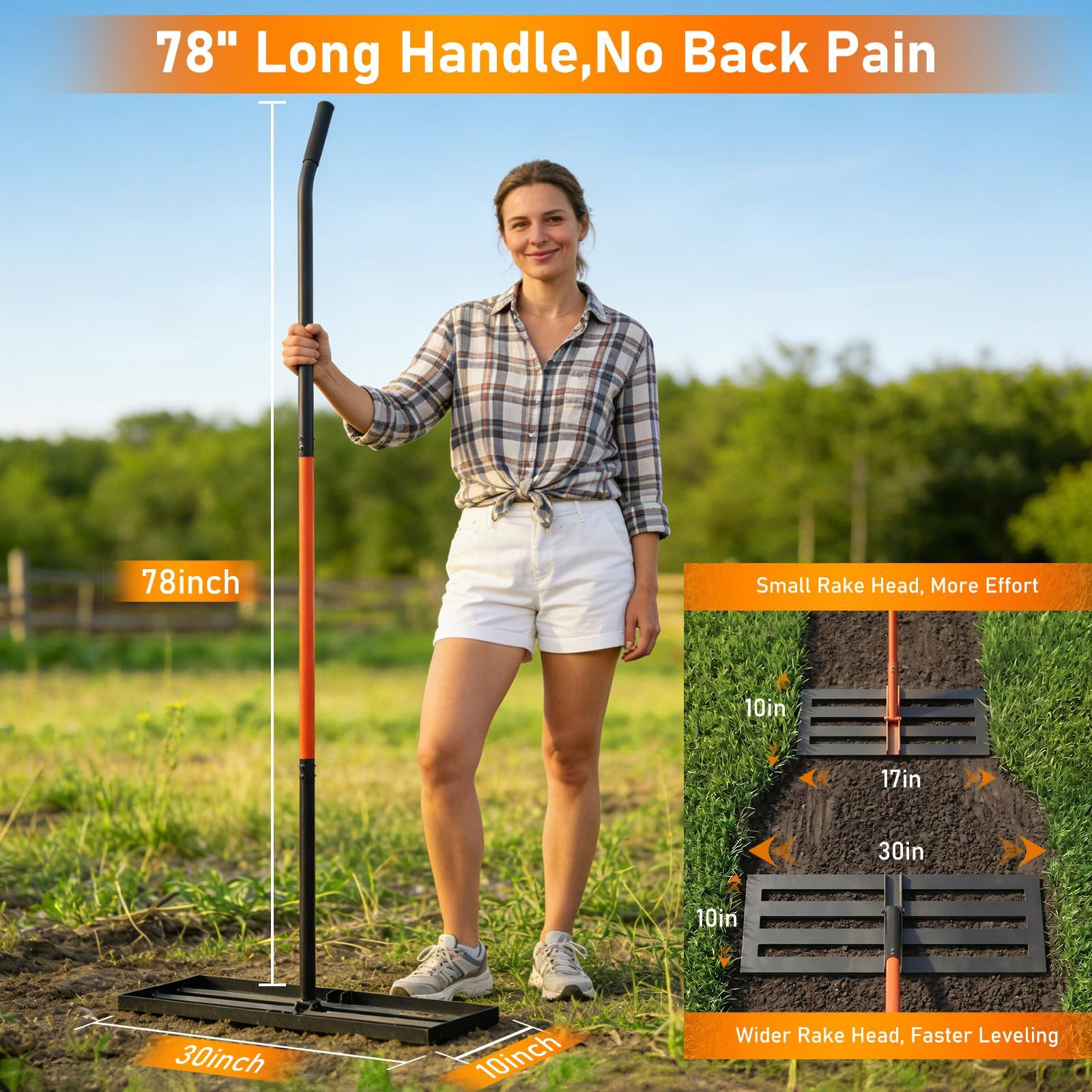 Lawn Leveling Rake, 30"x10" Rake with 78 Inch Adjustable Orange