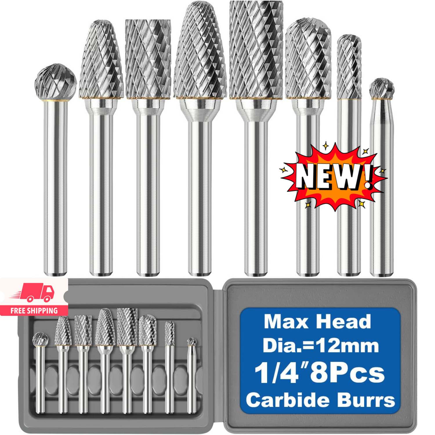 Juego de 8 fresas de carburo de tungsteno con vástago de 1/4" y caja plana gris.
