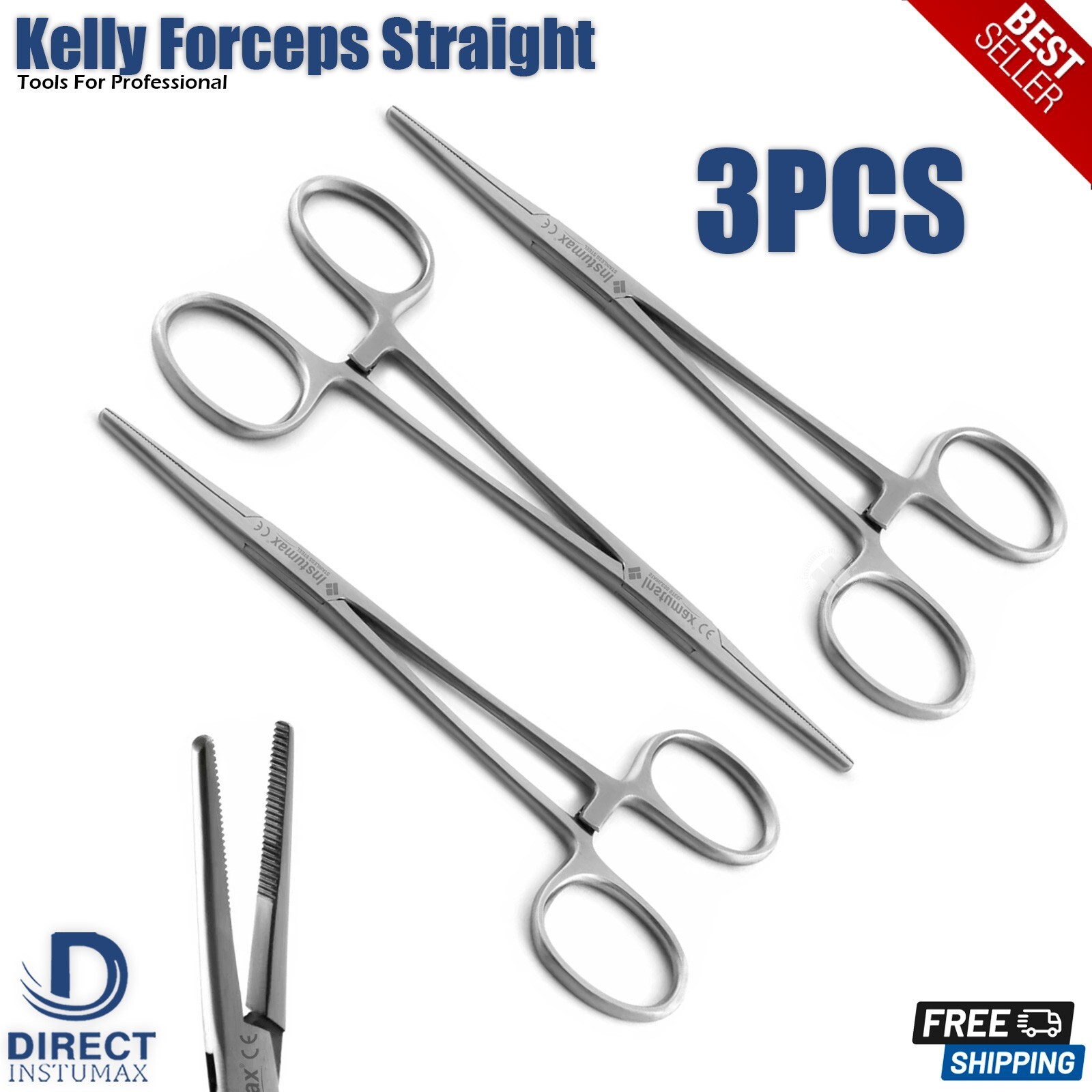 Surgical Kelly Locking Artery Forceps Straight Hemostatic Needle Holders 3-Pcs