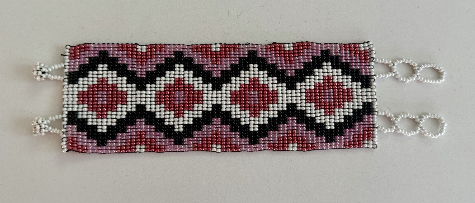 Mexican Handmade Seed Bead Wide Pink Tribal Pattern Bracelet