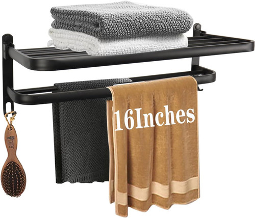 Towel Rack for Bathroom, Bath Holder with 16 IN+3 Hook, Matte Black