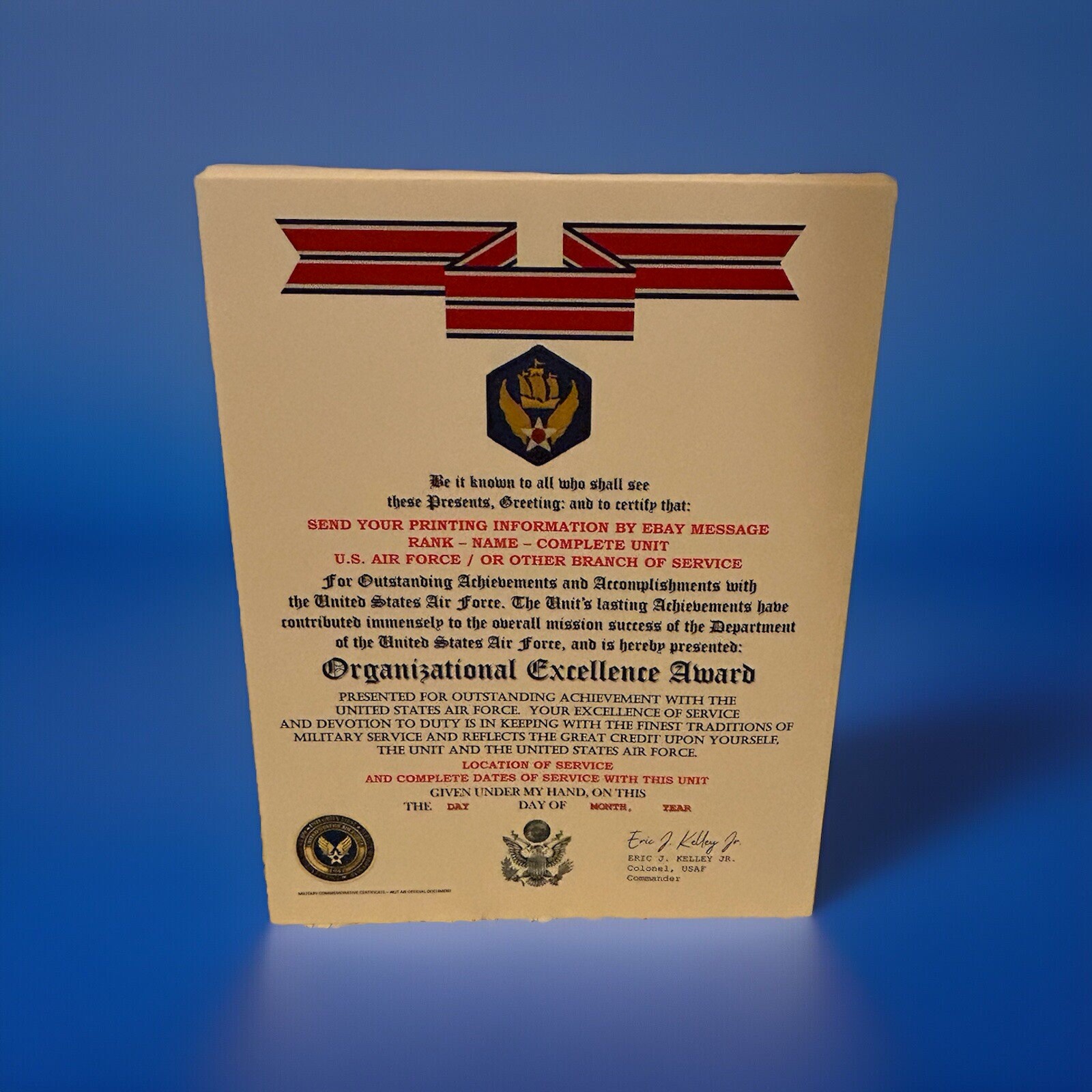 U.S. AIR FORCE / 6TH AIR FORCE - ORGANIZATIONAL EXCELLENCE AWARD CERTIFICATE