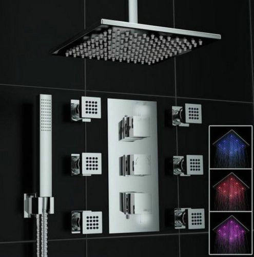 LED 16" Bathroom Shower Head Brass Body 6 Massage Spray Jets Mixer Faucet Kit