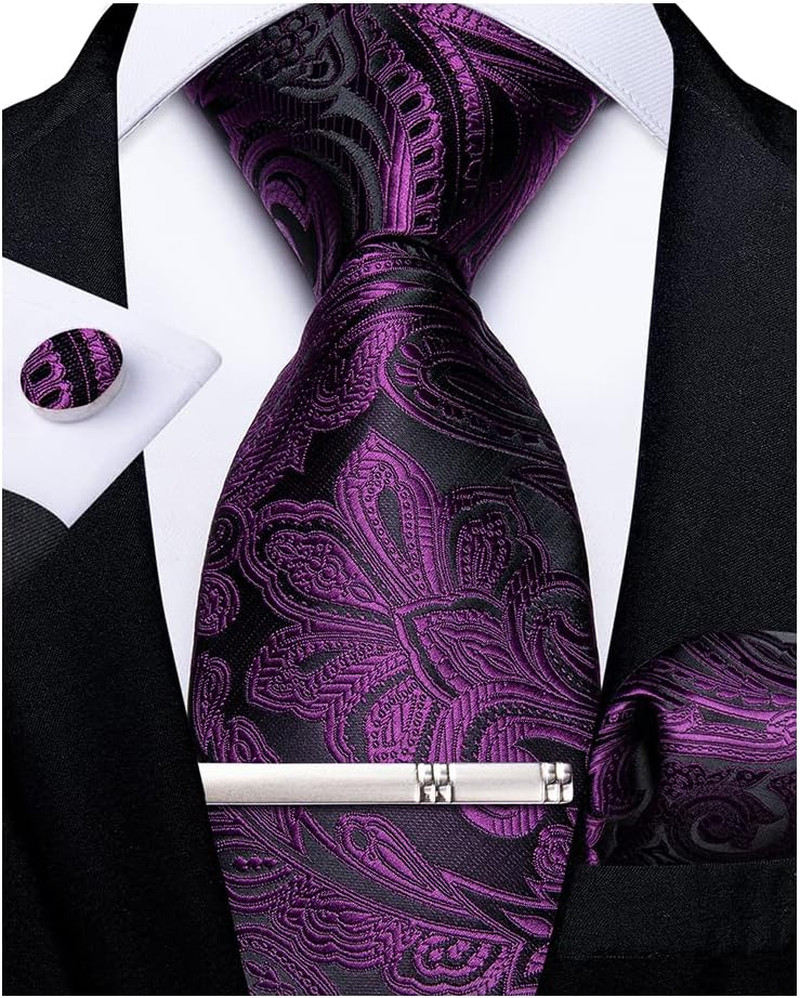 Paisley Ties for Men Silk Necktie and Pocket Square Cufflinks Tie Clip Set Woven