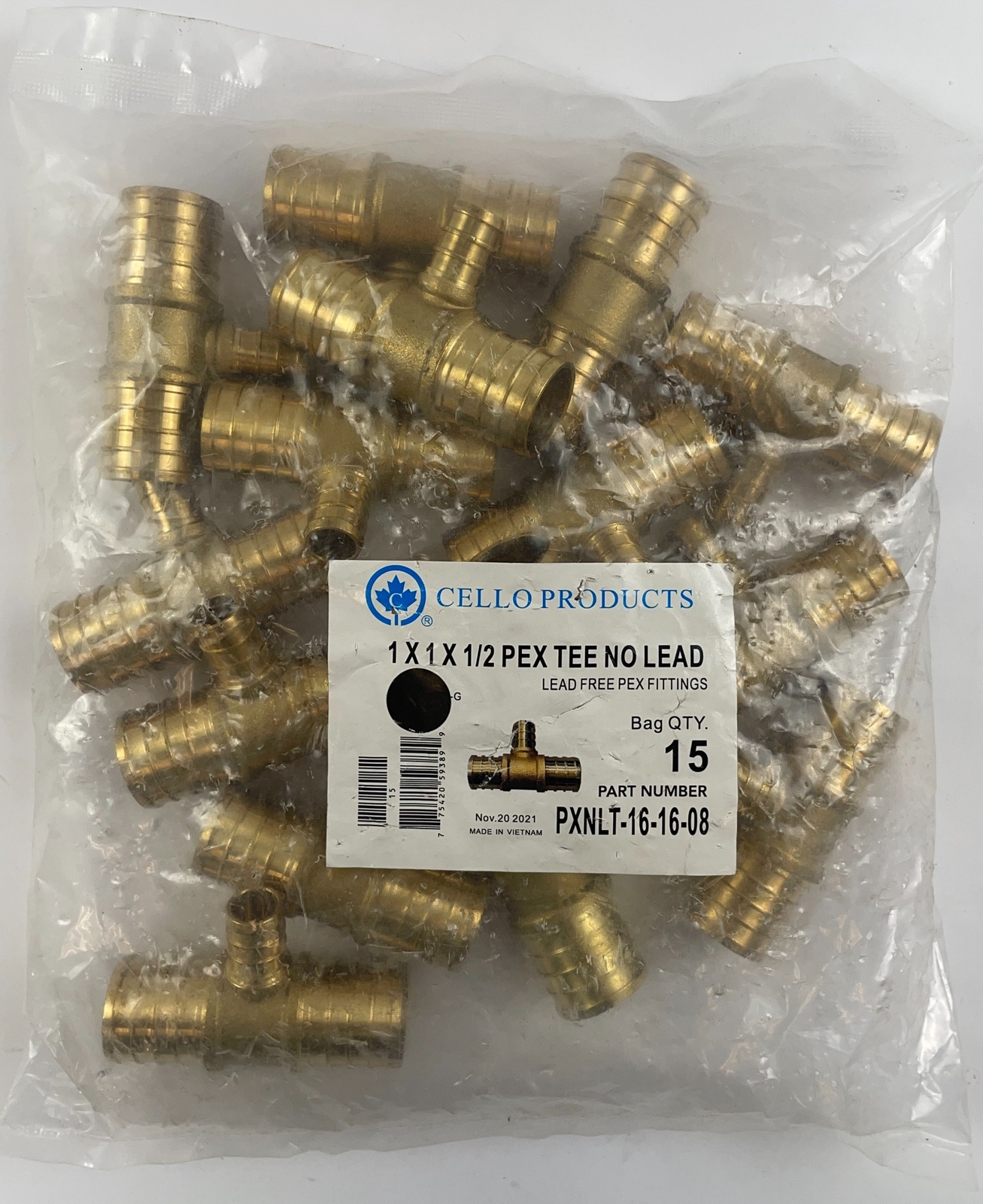 Cello Products PEX Reducing Tee 1x1x1/2 Brass Crimp Fittings Lead Free 15-Pack