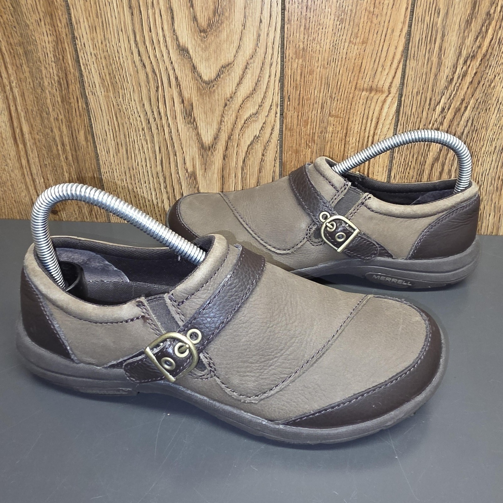 Merrell Shoes Womens Size 7.5 Brown Leather Slip On Buckle Comfort Walking