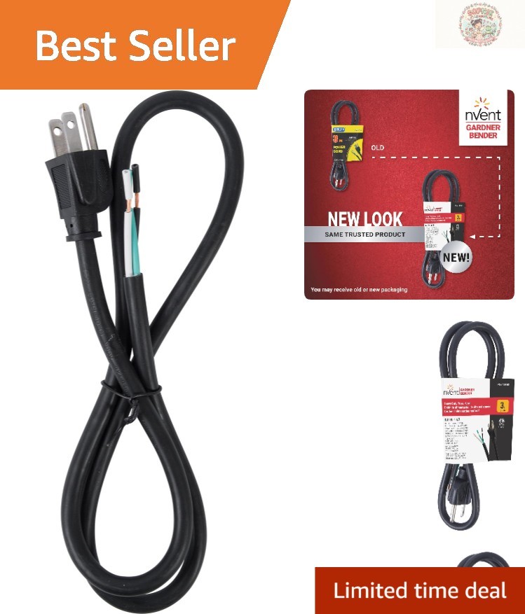 Weather Resistant Heavy Duty 3-Wire Power Cord, 3 ft, 125V, Ideal for Appliances