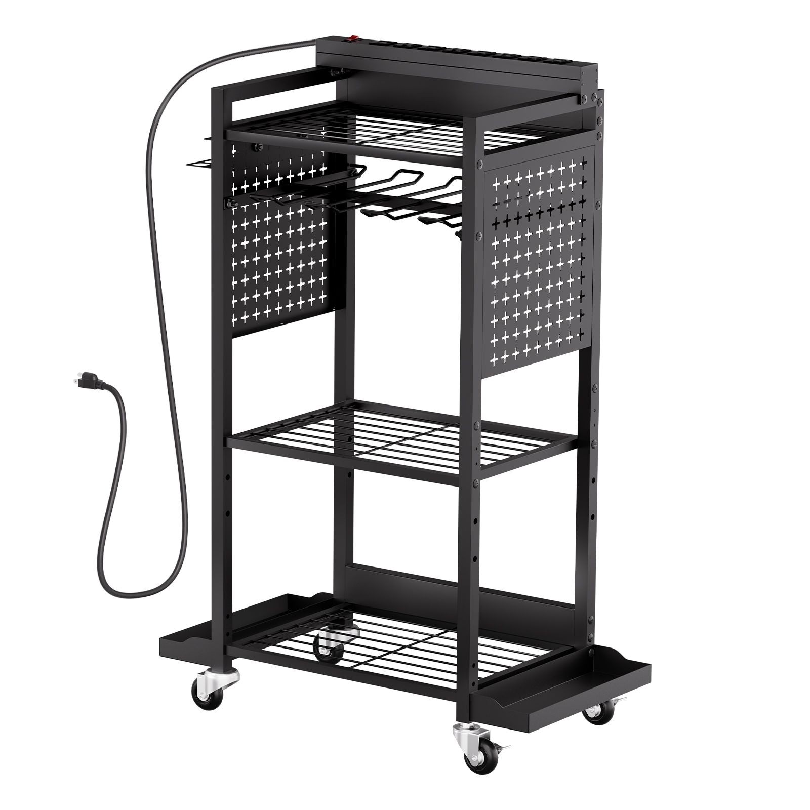 4-Tier Tool Cart with 8 AC Outlets, Roll Drill Holder Garage Storage