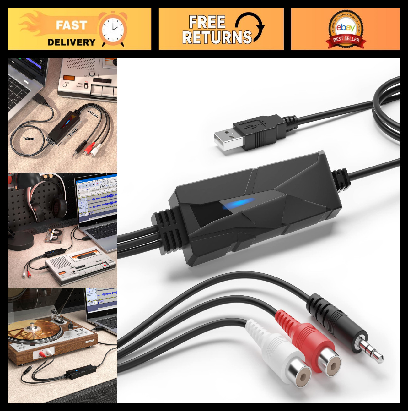 USB Audio Capture Card - Convert Analog Cassette to Digital MP3, 3.5mm/RCA Input