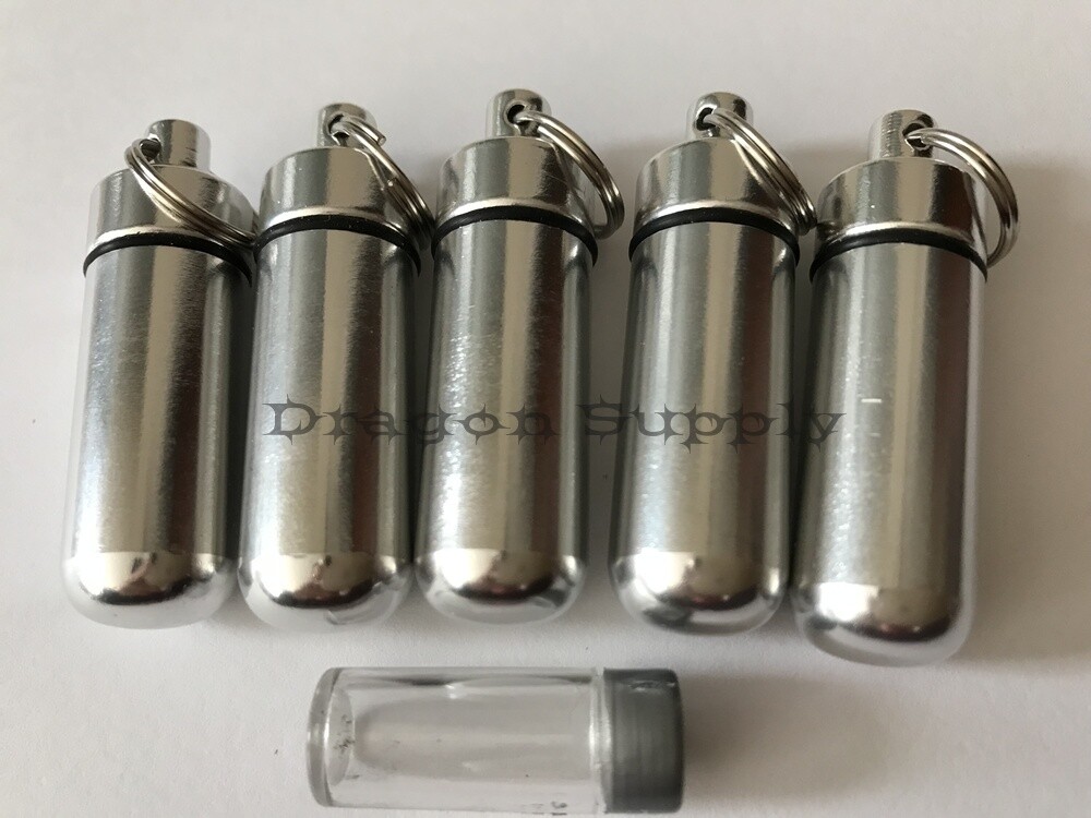 New Sliver 5pc Small Pill ID Holder Key Chain W / WATER RESISTANT
