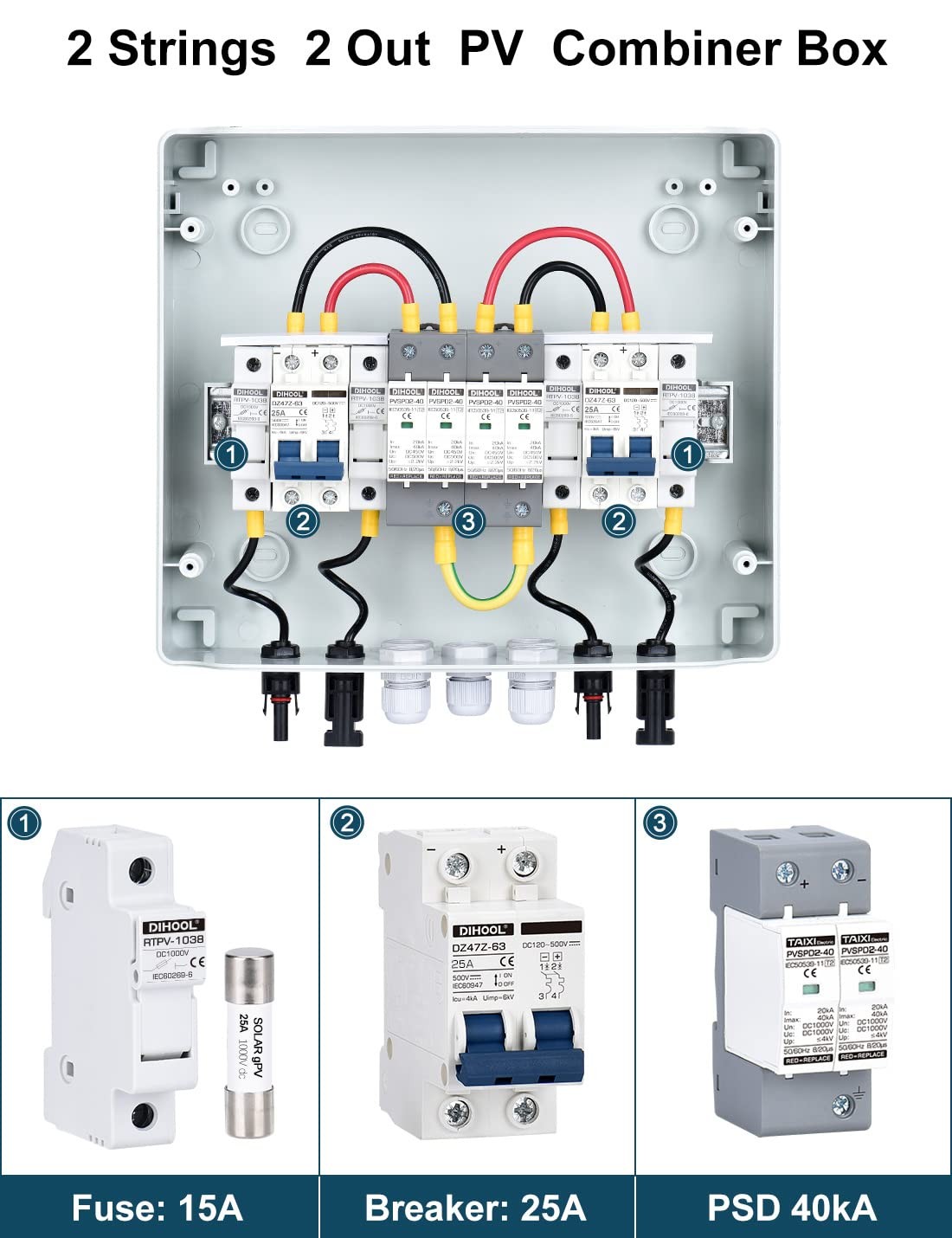 Dihool Pv Solar Combiner For Solar Panels 2 String 25 Amp Junction Dc500V 25A 2