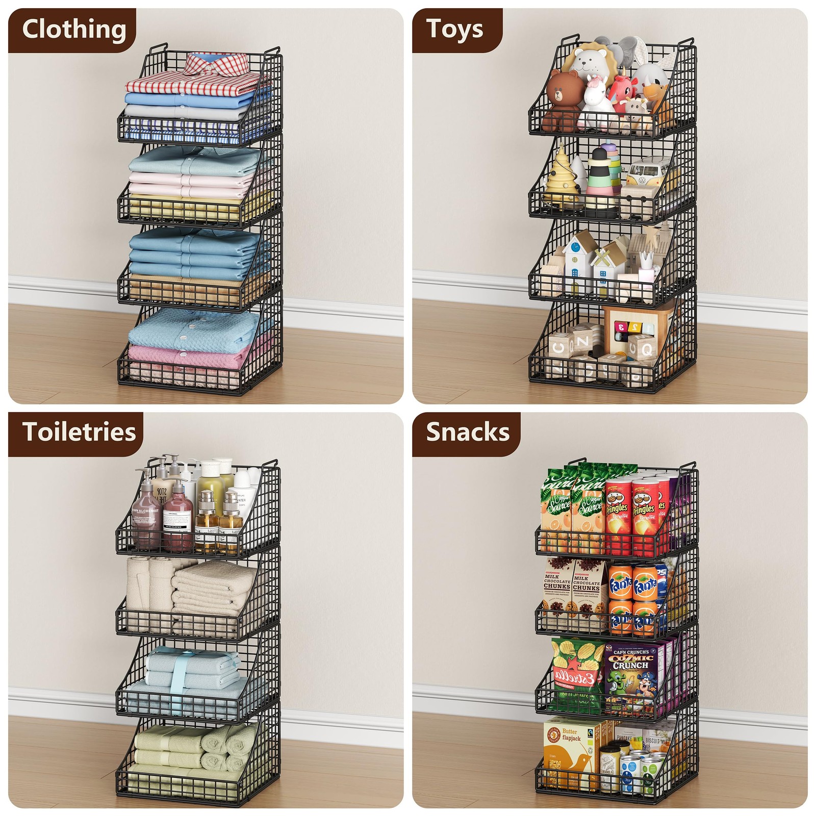 4-Pack Stackable Wire Baskets for Closet Organizers and Storage, Open Storage...