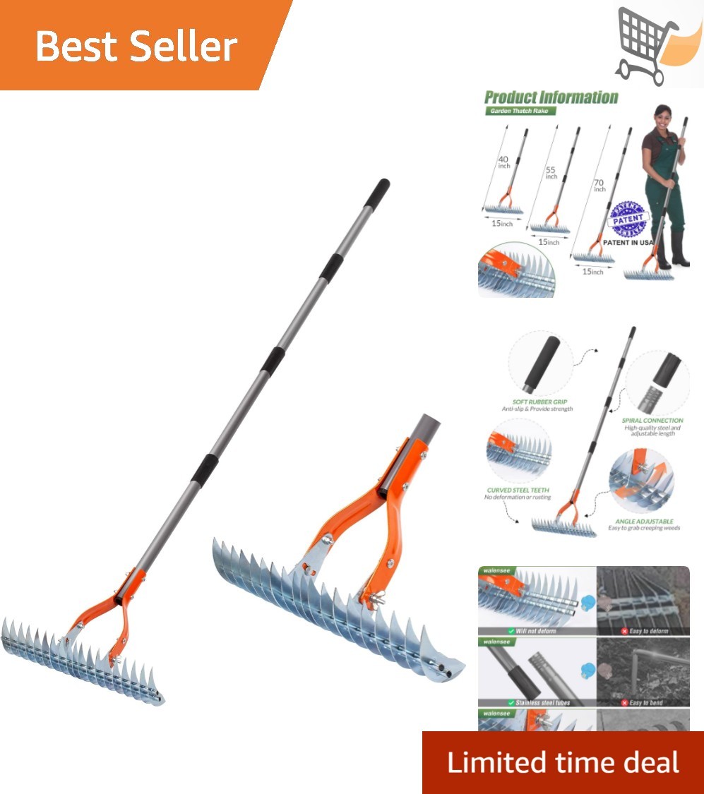 15-Inch Steel Thatch Rake Lawn Leaf Debris Dethatcher Garden Yard Tool