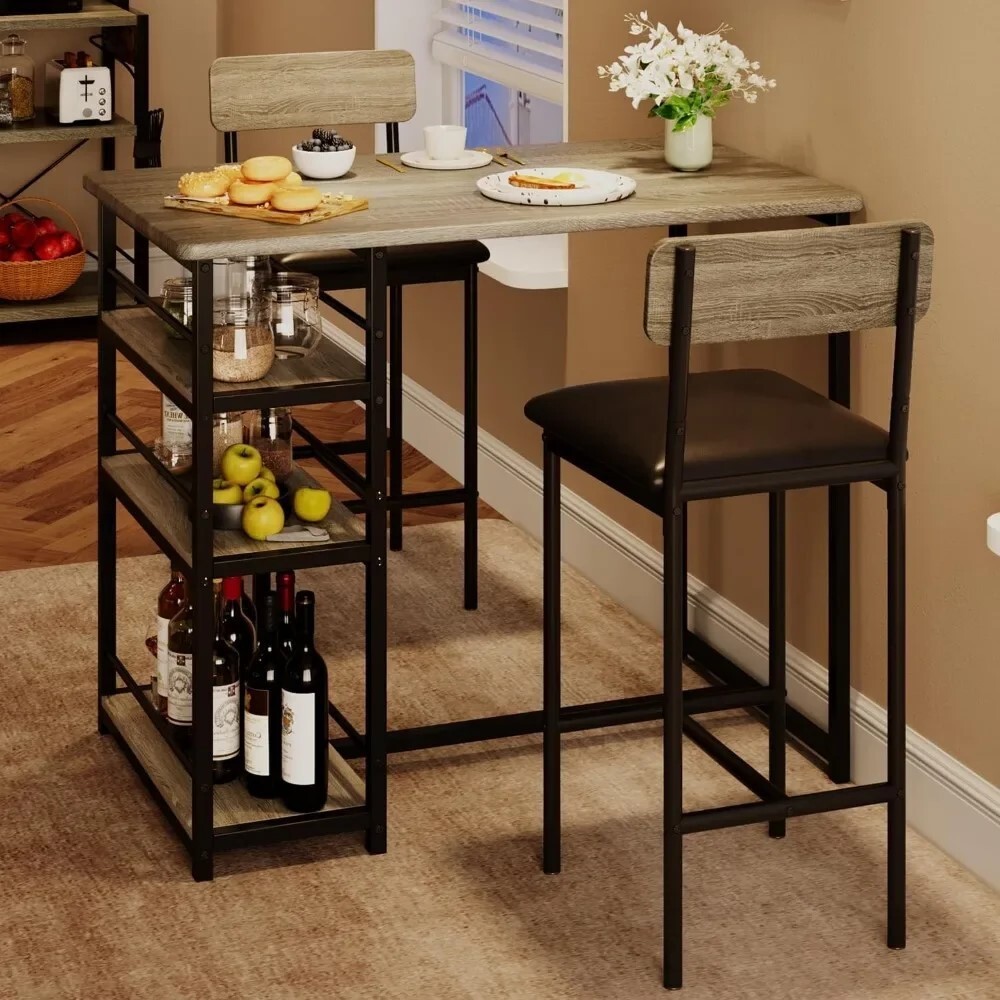 Dining Table Set for 1 Table and 2 Chairs, with 3 Storage Shelves Bar Table Set