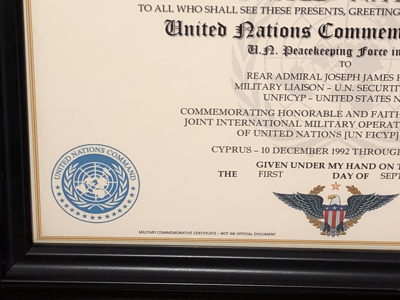 UNITED NATIONS [UNFICYP] COMMEMORATIVE MEDAL CERTIFICATE ~ Type 1