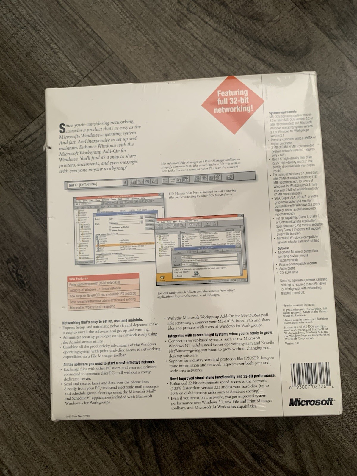 Microsoft Workgroup Add-on For Windows Version 3.11 Network Software New 1993