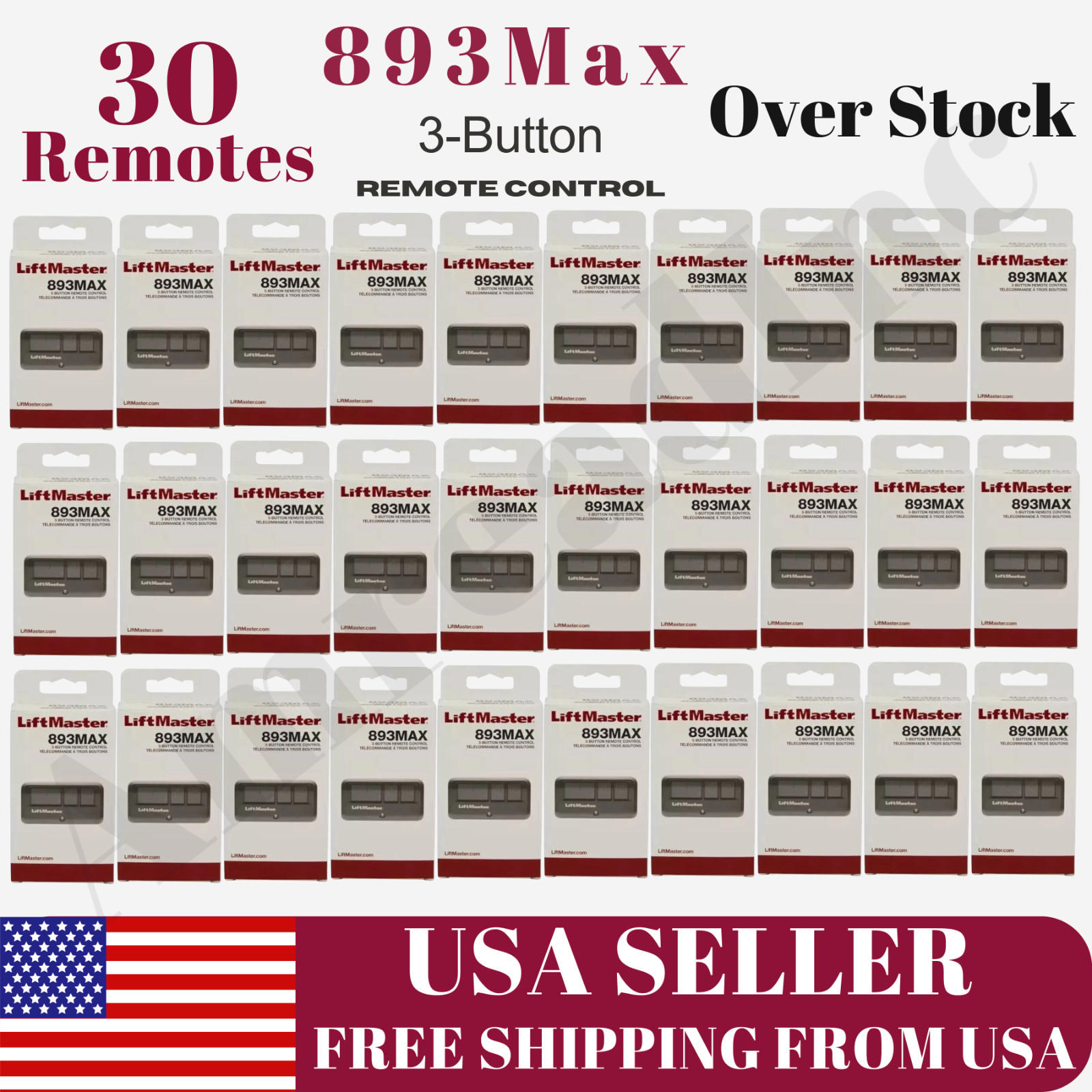 LiftMaster 893MAX 3-Button Garage Door Remotes Security+ 2.0 Universal 30 Pack